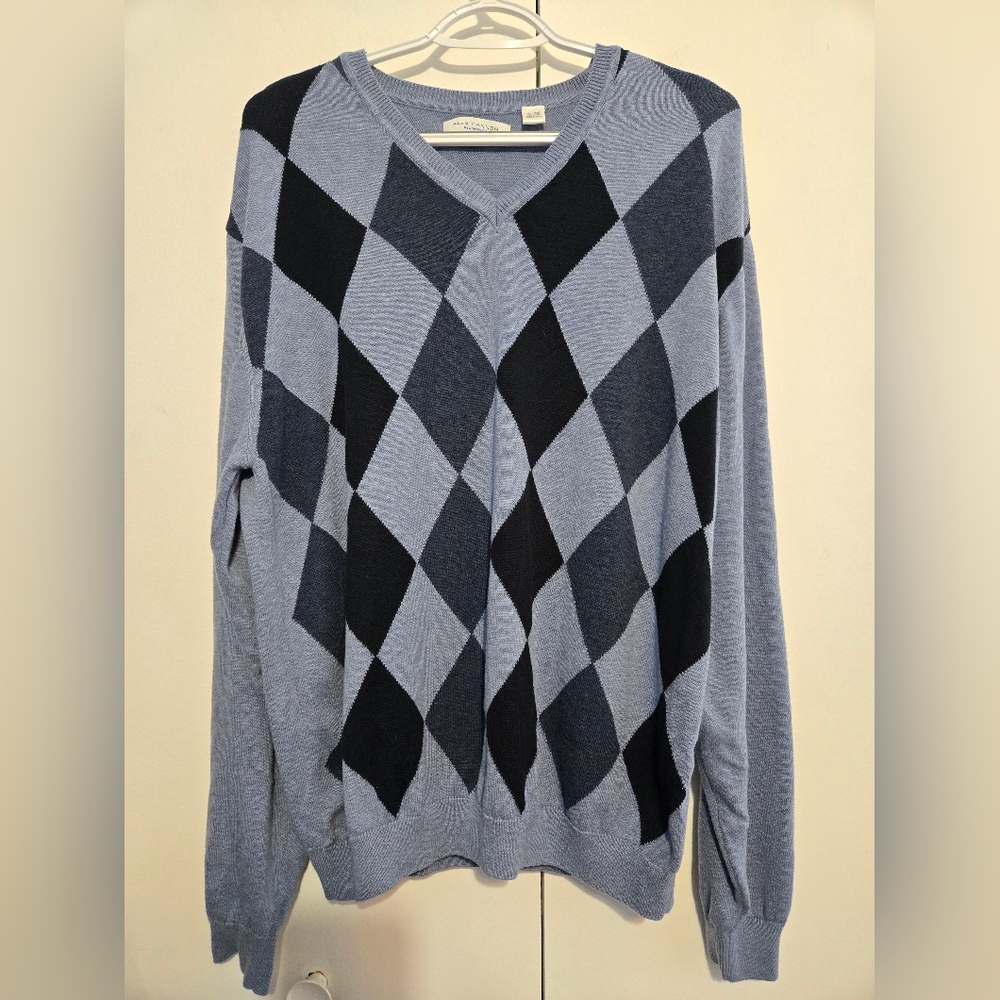Alex Cannon Men's V-Neck Blue &‎ Black Argyle Sweater - Size XL